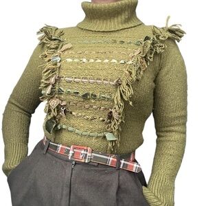 By Anthropologie Wool blend Turtleneck sweater wt Fringe and velvet details - S